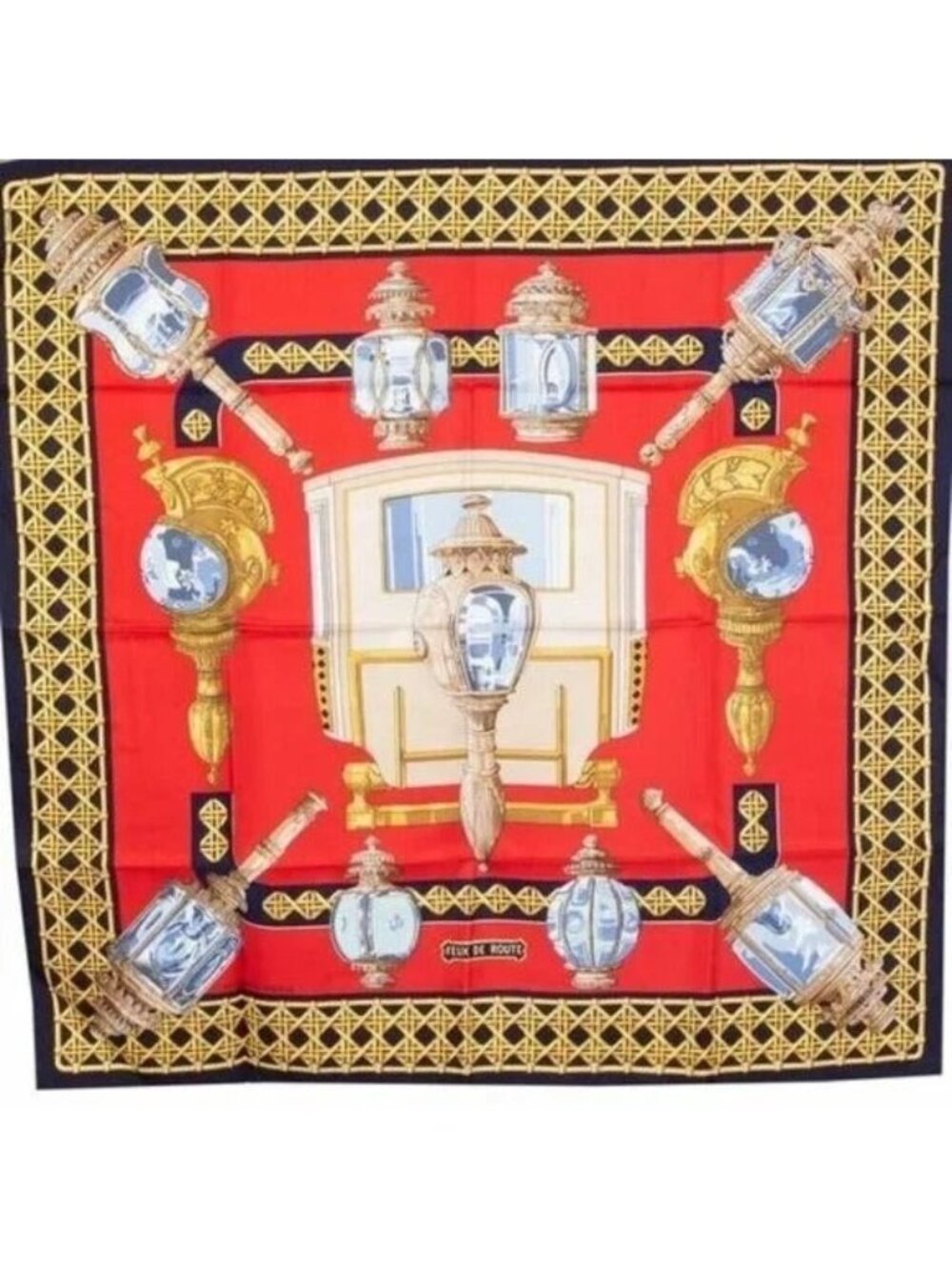 Hermes Silk Scarf Carre 90 FEUX de ROUTE Carriage Lantern Red